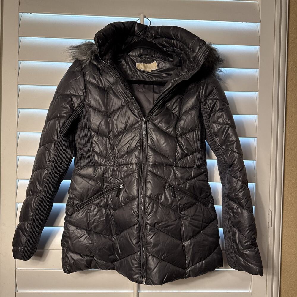 Michael Kors Women's Gray Down Coat Quilted Jacket Hooded